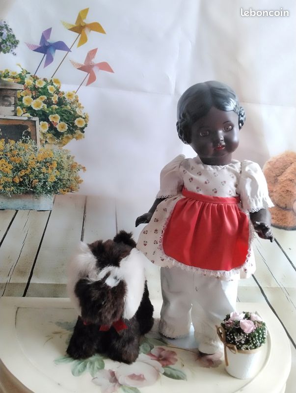Jouet ancien chien en fausse fourrure marron et blanc (image 2)