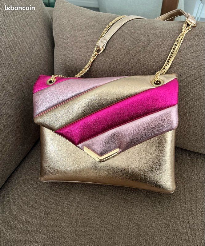 Sac à main bandoulière Texto rose fushia doré neuf Accessoires