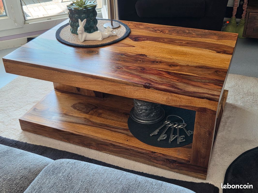 Table Basse Sheesham + 4 Tabourets – Bois Massif, Marron, 87x87x45 Cm (Neuf)