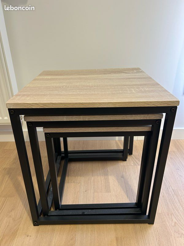 Set De 3 Tables Basses Gigognes Bois MDF Et Métal Noir