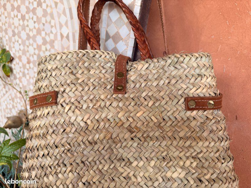 Sac panier marocain cuir & osier – fait main – style bohème chic – bandoulière (image 5)