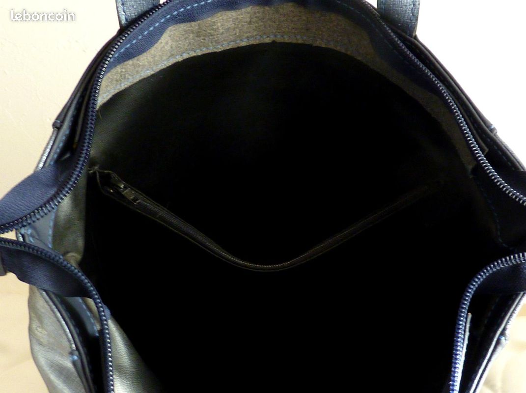 RARE Grand Sac Porté Epaule YUCATAN Toile Enduite Bleu Marine & Cuir Métallisé Bleu (image 4)