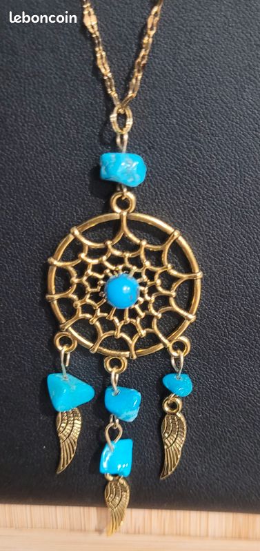 Pendentif Attrape Rêves sur chaine acier inoxydable dorée – Neuf – Turquoise (image 4)