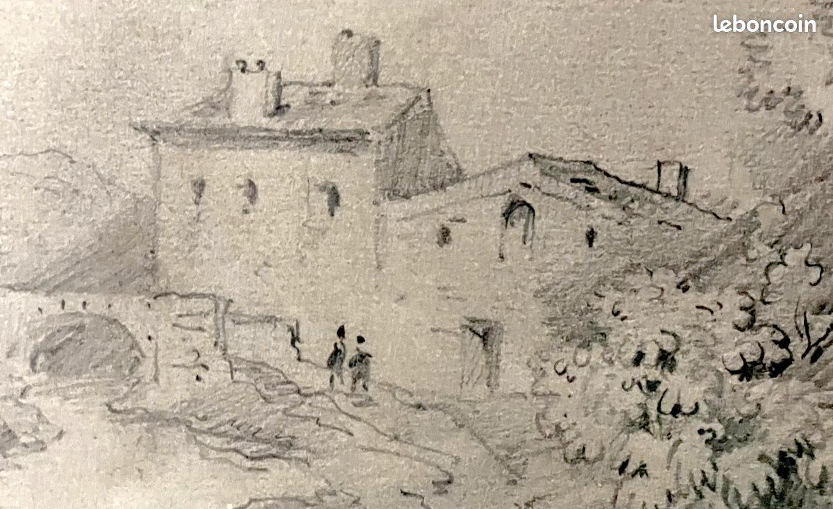 Dessin original 19ᵉ siècle – Maison rivière & grands arbres – Encadrement ancien (image 2)