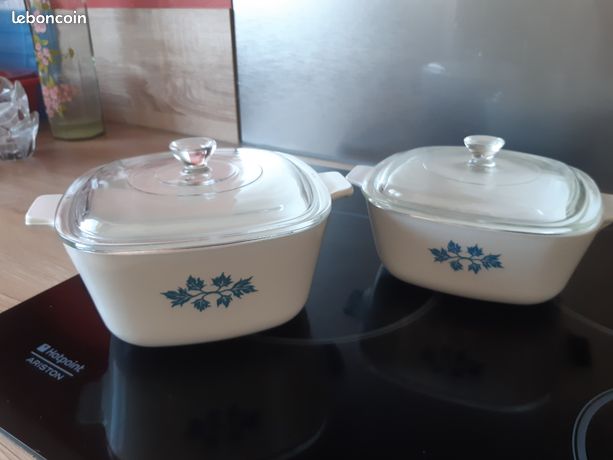 Cocotte Ancienne Pyroflam Electro PE 4B – 2,5 L – Verre Blanc/bleu Avec Couvercle – Vintage