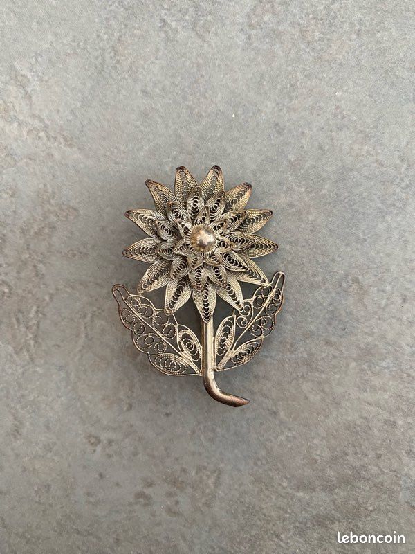 Broche Ancienne Argent Massif 925 – Motif Fleur De Lys Et Filigrane