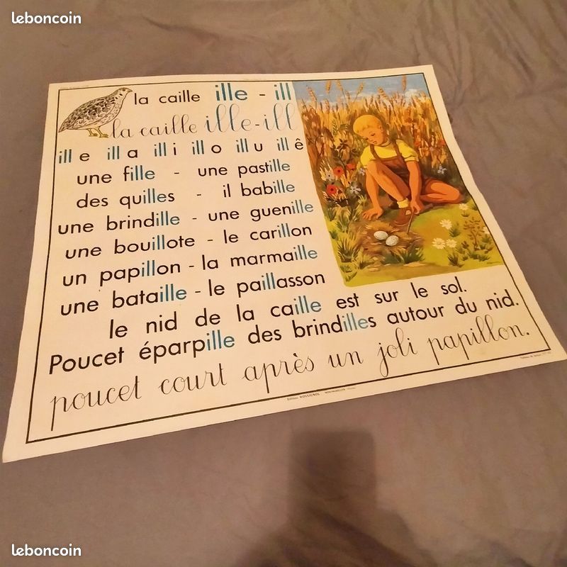 Affiche scolaire rossignol grand tableau recto verso méthode de lecture poucet et son ami ( la cigogne la caille ) envoi 8 euros rulée sous tube r rigide dimension affiche 75X90 cm (image 2)