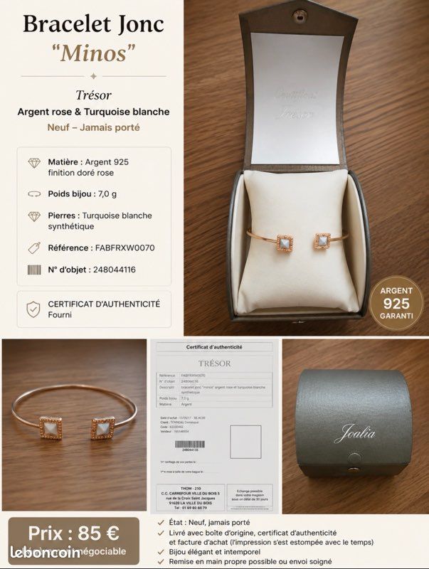Bracelet jonc Trésor “Minos” – Argent 925 doré rose – Neuf – 85 (image 1)