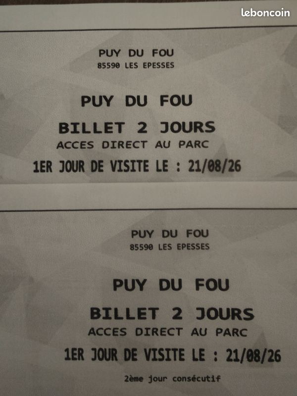 Puy du fou 2 jours 1 adulte et 1 enfant (image 1)