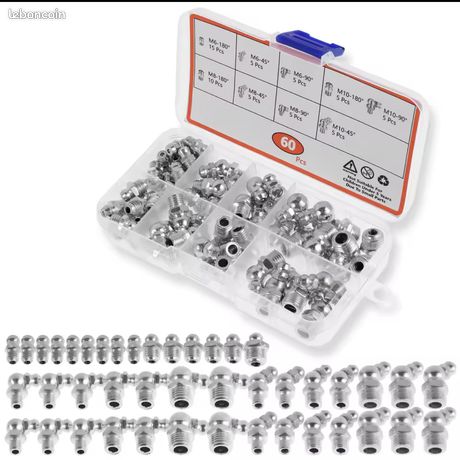 65 Pièces Kit Graisseurs à Visser M6 M8 M10 - Droits, 45°, 90°, 180° - Assortiment Complet Avec Boîte De Rangement