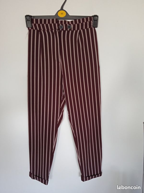 Pantalon rayé bordeaux taille haute a revers Pull&bear taille 38/M 38 (image 1)