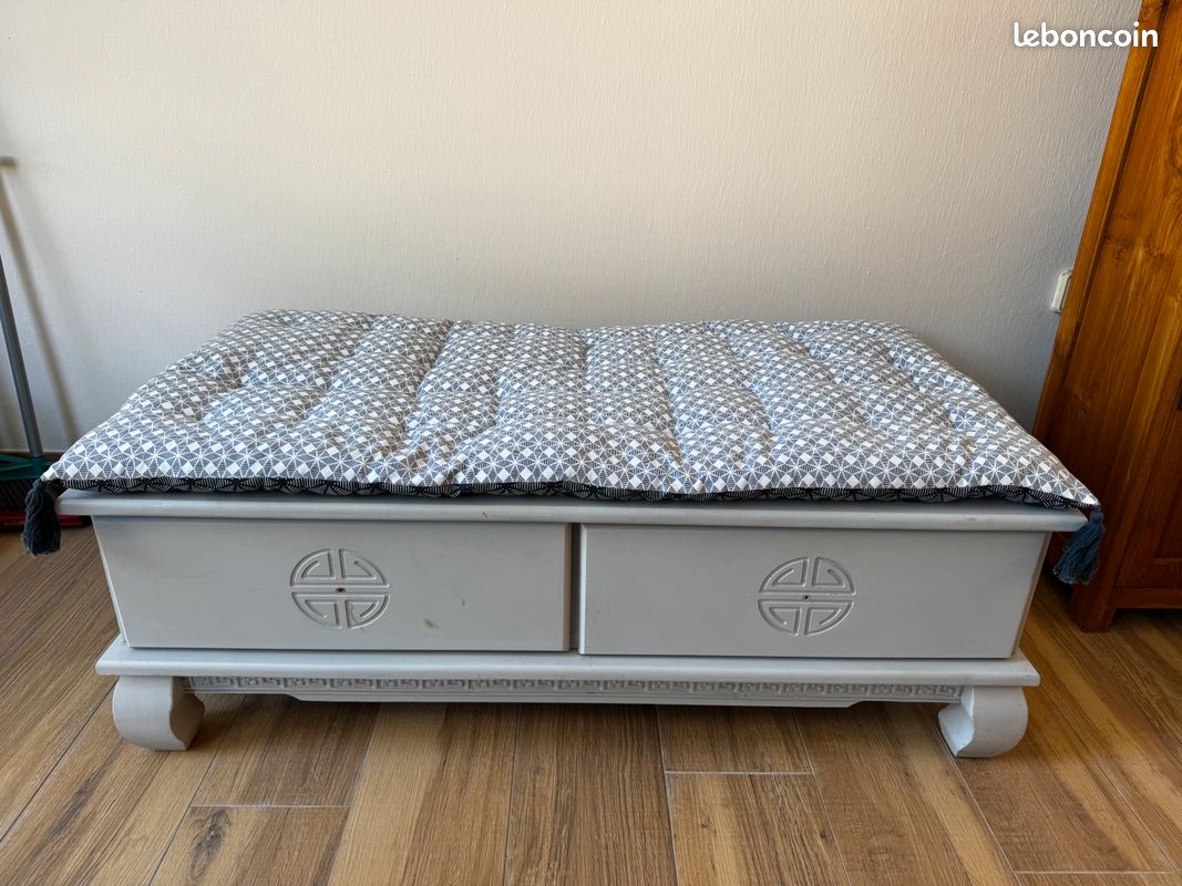 Banquette en teck gris clair avec son coussin (image 1)