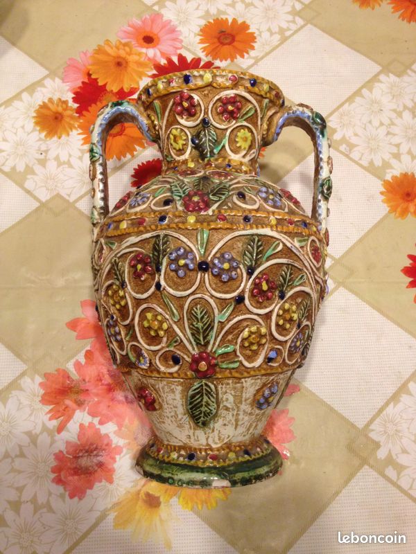 Vase céramique italienne style demi rosace à fleurs vintage (image 2)