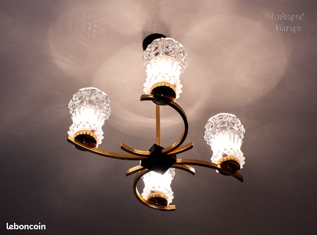 Lustre doré avec 4 abat-jours Plafonnier vintage des années 1970, style « Space Age » (image 5)