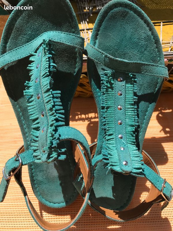 Sandales plates cuir dain turquoise T37 (image 6)