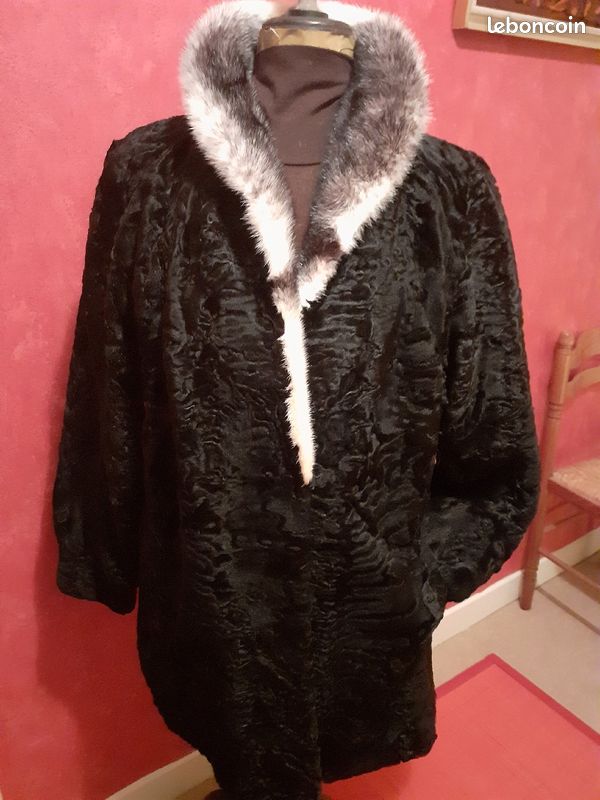 Veste En Astrakan Véritable Noir - Taille 42-44, Col Fourrure - Vintage, Très Bon état