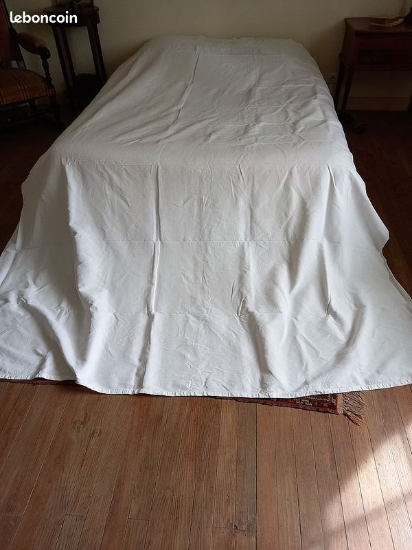 Grand Drap Ancien En Lin Blanc Brodé – 240x330 Cm – Traditionnel Floral France