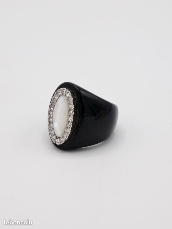 Bague Argent Sterling Et Nacre Années 80 - Taille 57 - Style Vagues - Bijou Vintage Sans Marque