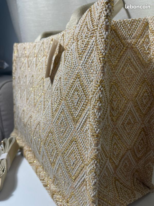Sac cabas en toile tissée beige et doré avec bandoulière - Neuf (image 3)