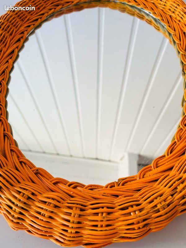 Miroir Ovale en Osier Tressé Orange Vintage Années 70 (image 15)