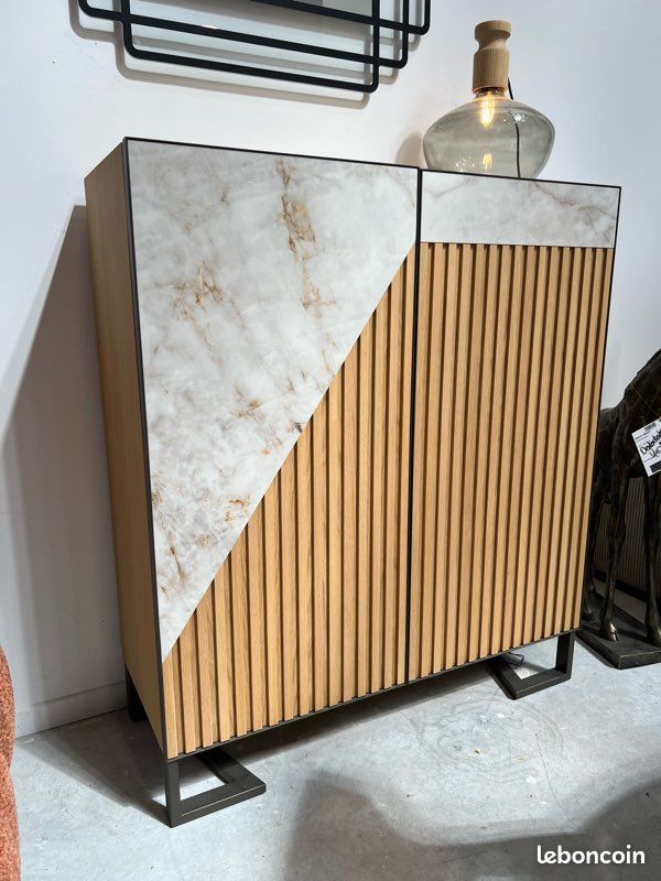 Buffet haut bahut 2 portes céramique marbre et bois design pieds métal avec éclairage - Zagas - MODÈLE D'EXPOSITION (image 3)