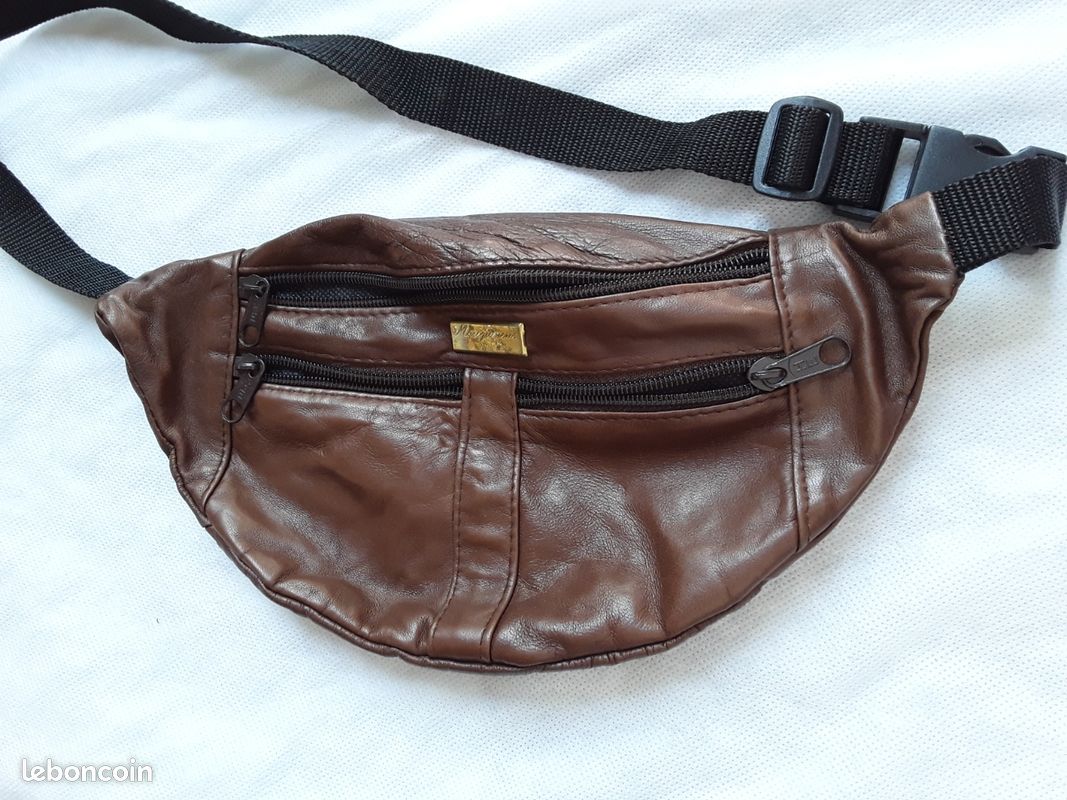 Sacoche banane en cuir souple marron vintage d'occasion