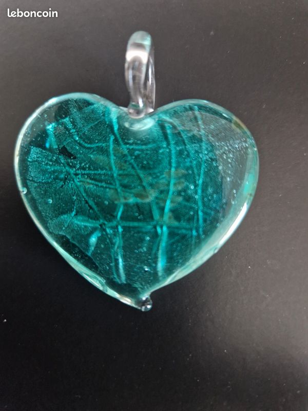 Collier Ras Du Cou Pendentif Cœur En Verre De Murano - Bleu Pailleté Doré, Avec Cordonnets De Soie, Occasion Parfait état - Bijou Artisanal Italien