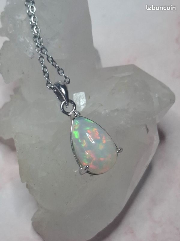 Pendentif En Argent Avec Opale De Feu Et Morganite - Bijou Fin Et Lumineux, Neuf Sans Emballage