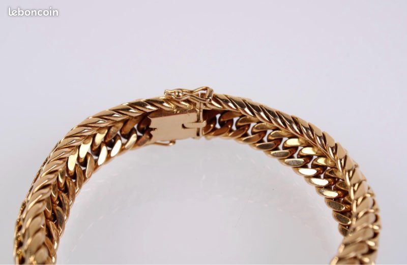 Bracelet Maille Gourmette En Or Jaune 18K  750°/00 , Fermoir Anneau Ressort Avec Chainette De Securite P