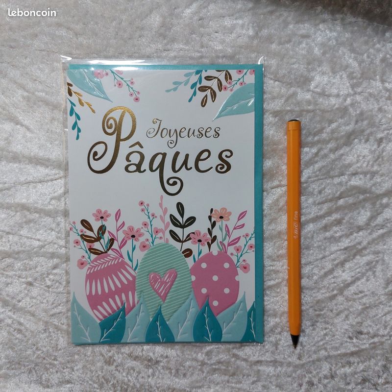 Joyeuses Pâques - œufs décorés pastel vert et rose avec un cœur cpm (image 1)