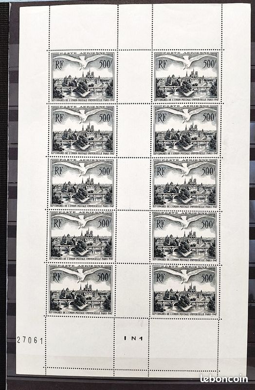 FRANCE - Poste aérienne 1947 n° 20 * neuf avec gomme U.P.U Paris en feuille de 10 - TB (voir 2 scan) (image 1)
