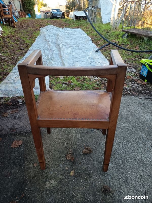 Fauteuil de bureau ancien en bois et cuir 1940 (image 6)