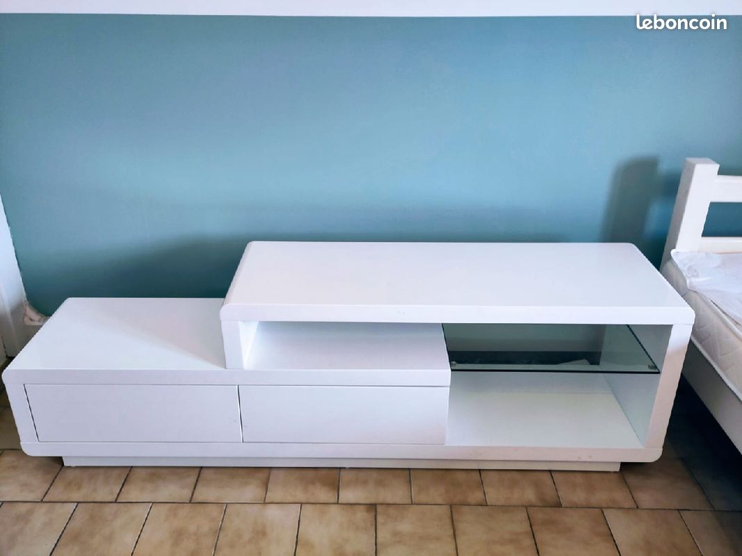 Magnifique meuble TV blanc laqué & verre (image 1)