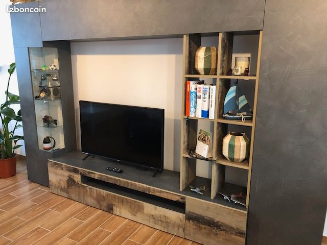Meuble salon tv ardoise/bois led vitrine (image 1)