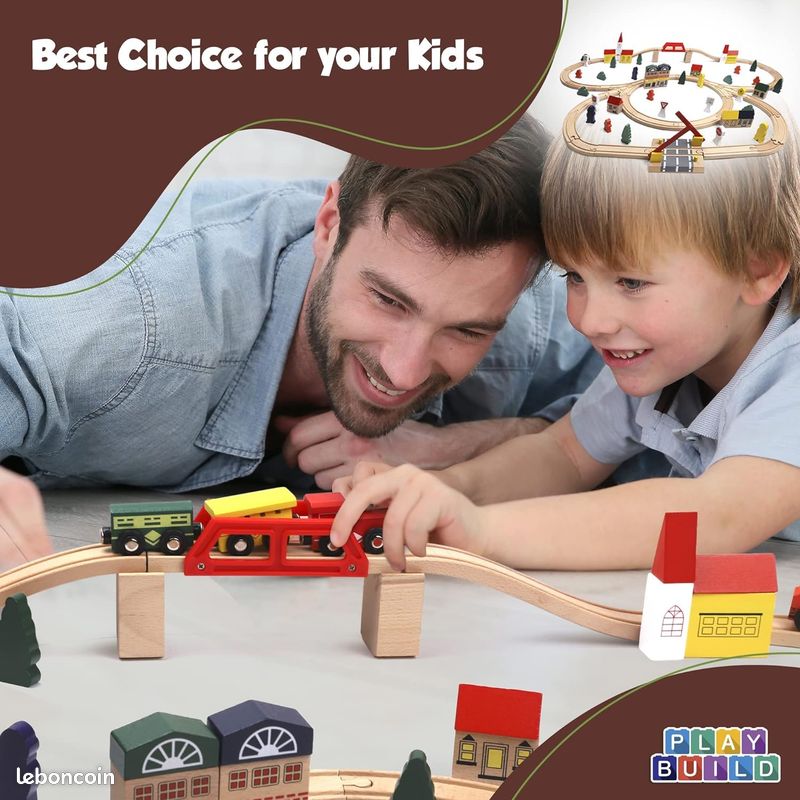 Play Build Ensemble De Train en Bois Enfant, Ensemble De Train Complet pour Tout-Petits, Ensemble De Jeu Et d'apprentissage Interactif De 100 Pièces, Conception Créative De Voie De Train Bois (image 4)