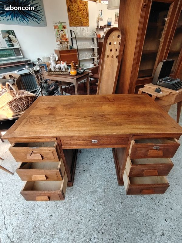 Bureau Ministre vintage en chêne massif à double caisson et tirettes – Années 30 50 (image 4)
