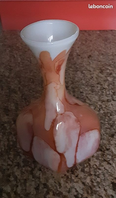 Vase Soliflore Opaline Vintage Rose Et Blanc - Pied Torsadé, 25 Cm, Verre Soufflé Main Italie