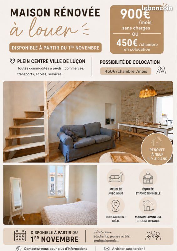 Maison 3 pièces 75 m² · à Luçon · 75 m² · 900 €/mois