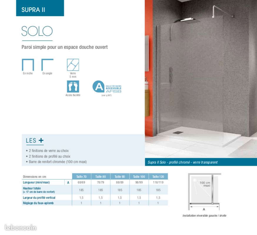 Paroi de douche de retour d'angle et/ou fixe KINEDO 185cm x 90cm blanc (image 3)
