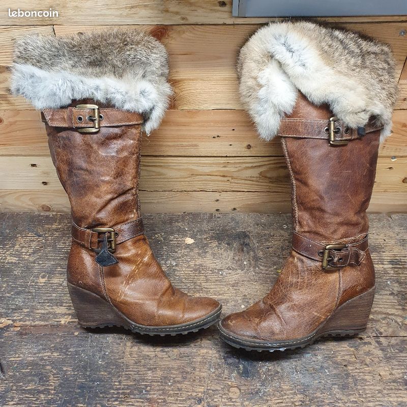 Botte Bottine hiver femme T 37 cuire fourrure Chaussures
