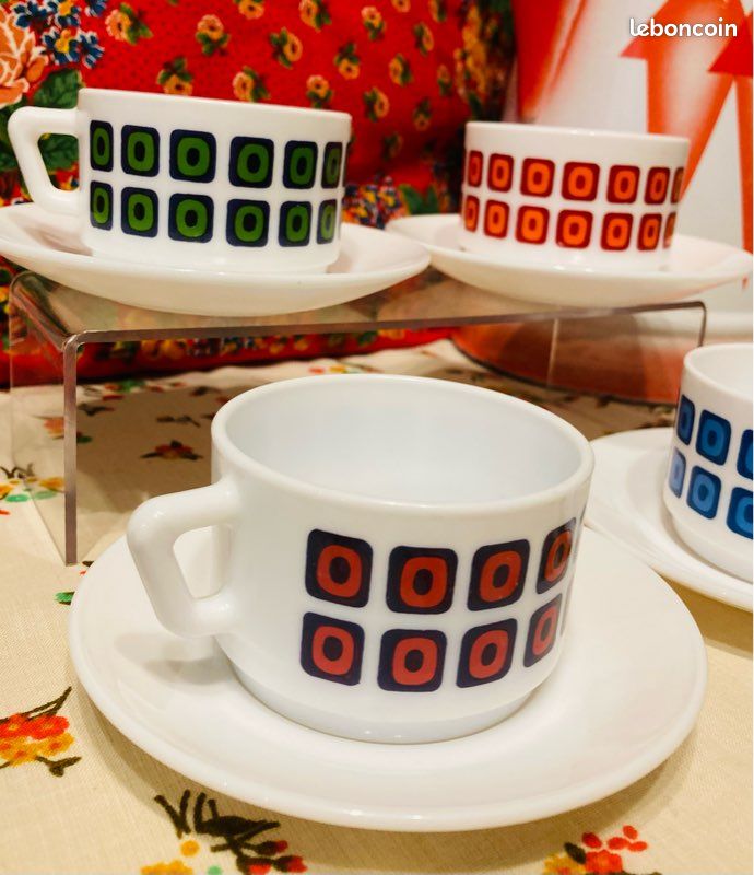 Lot De 4 Petites Tasses à Café Vintage ARCOPAL - Motif "Moi J'aime La Pause Café" - Occasion