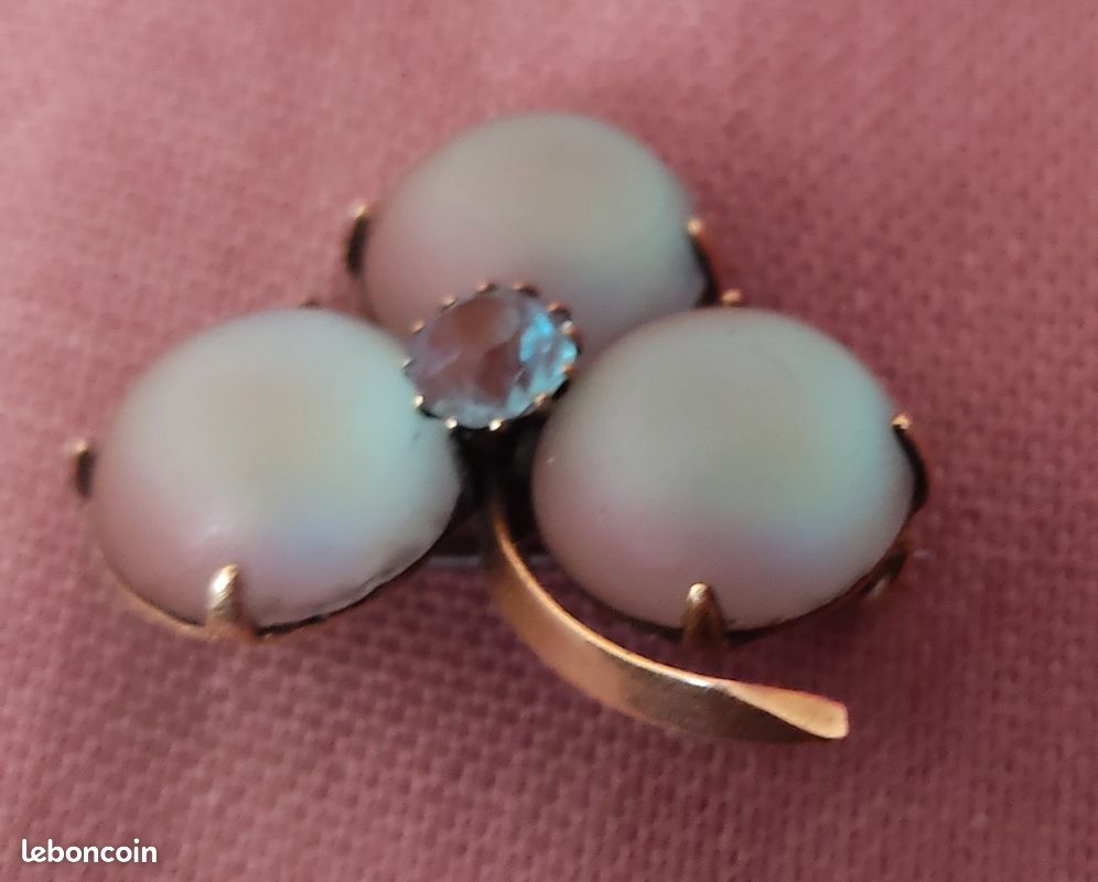 Broche Ancienne Trèfles Et Pierres - Bijou Vintage - Occasion