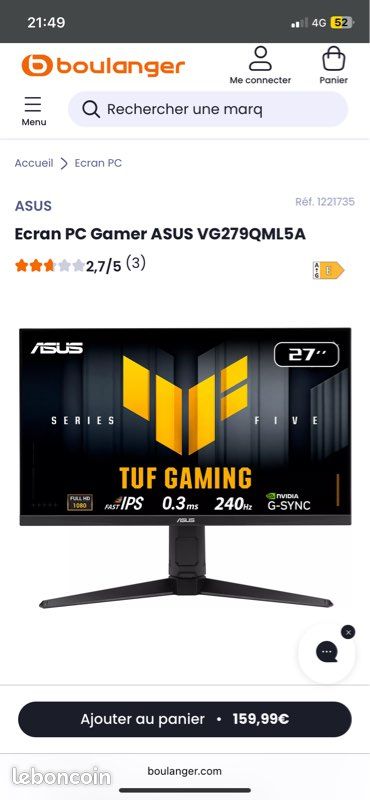 Ecran PC Asus TUF Gaming 27 Pouces - Noir (Neuf)