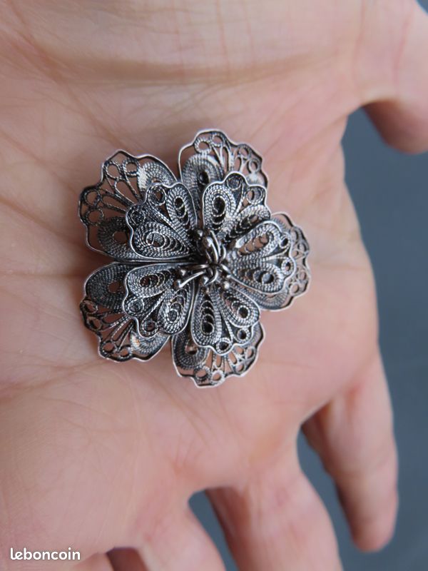 ancienne broche argent massif rose fleur strass