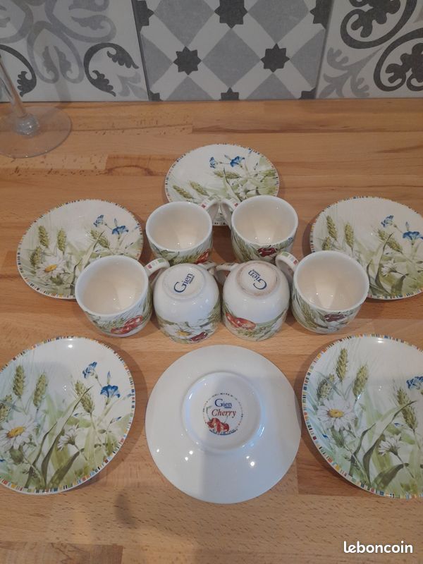 Lot De 6 Tasses à Thé Faïencerie De Gien - Collection "Les Bénéfiques" - Occasion (quelques Défauts)