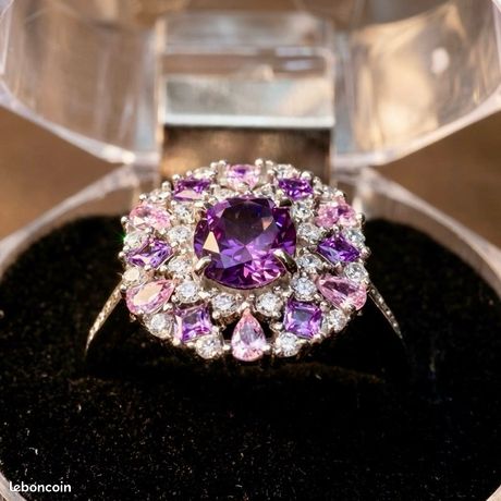 Bague Vintage En Argent Rhodié Taille 56 - Cristal Améthyste - État Impeccable - Réf 1627