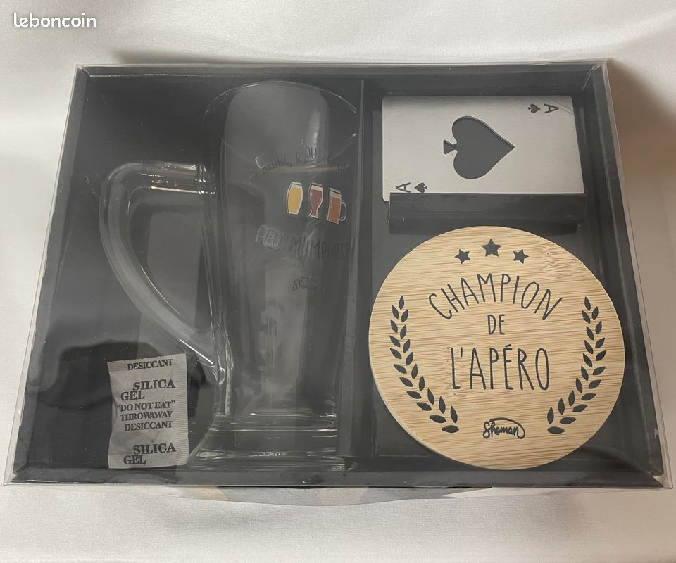Coffret bière Champion de l'apéro Le Fabuleux Shaman Brune rousse blonde Peu m'importe Chope Dessous de verre Décapsuleur Transparent beige et gris Verre bois et métal NEUF Idée cadeau (image 2)