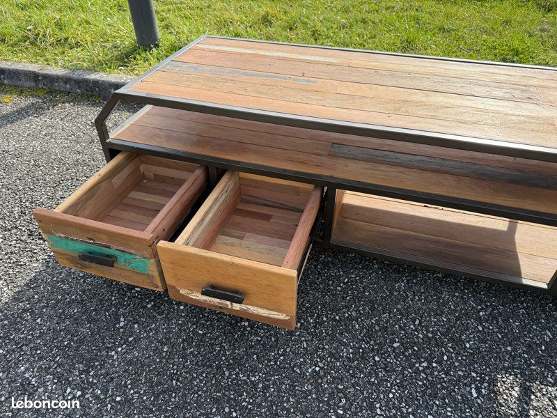 Meuble TV / table basse en bois de bateau et métal (image 6)