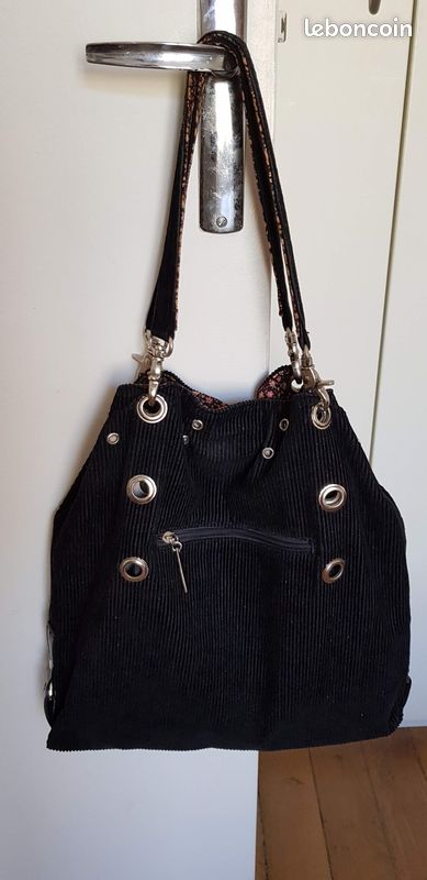 Sac cabas tissu velours réversible noir et fleuri (image 2)