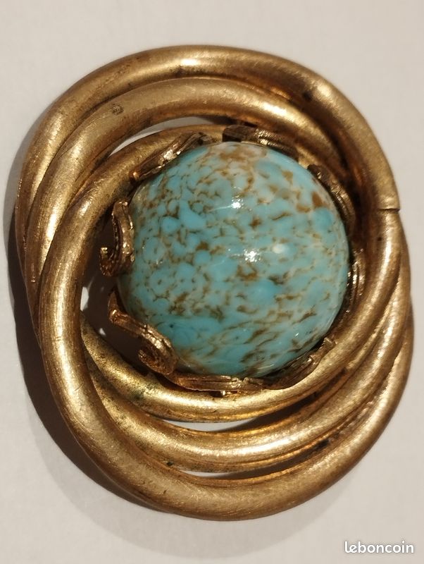 Broche Ancienne Style Art Déco - Métal Doré, Cabochon Turquoise, Perles - Occasion